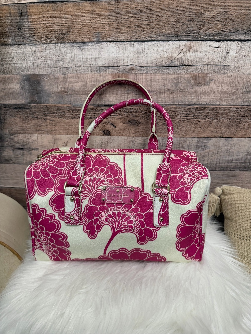 Kate Spade Ivory & Pink Floral Print Leather Duffel Bag
